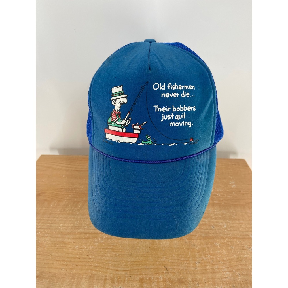 Old Fisherman Designer Pro Blue Mesh Back Trucker Hat Fishing Graphic